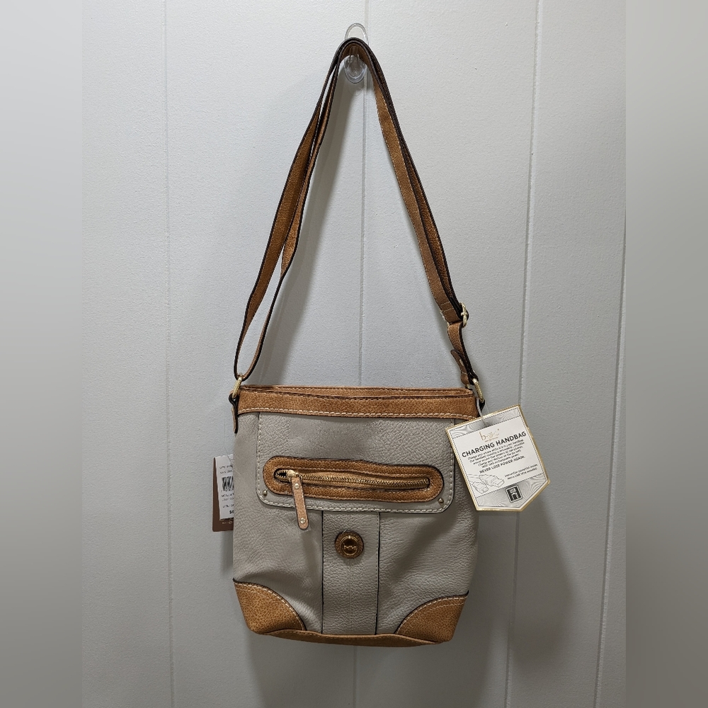 Charging handbag from BOC. Tan with light brown accent. NWT